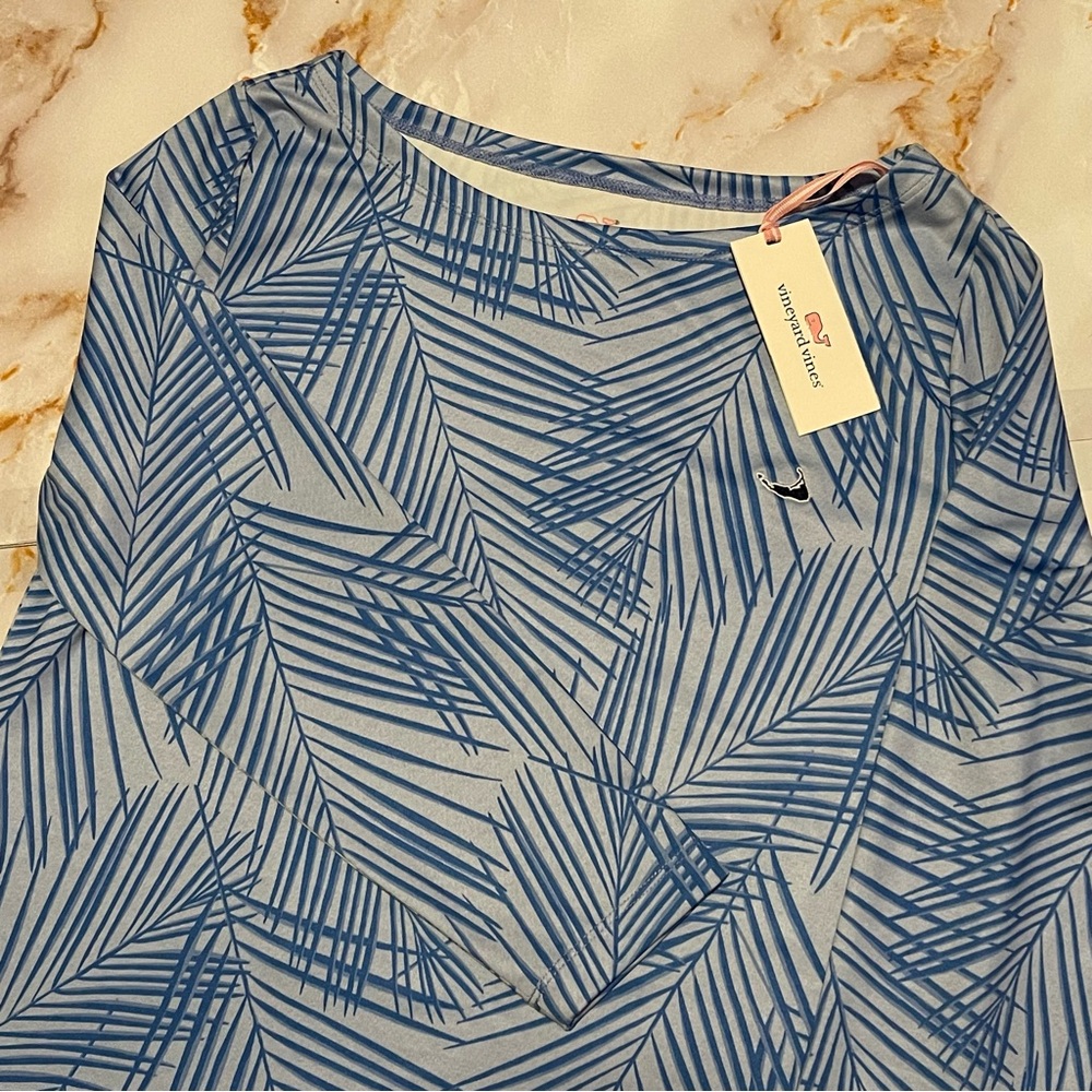 VINEYARD VINES Women Sz S SANKATY Blue PALM 3/4 Sleeve Stretch Boatneck Tee NWT